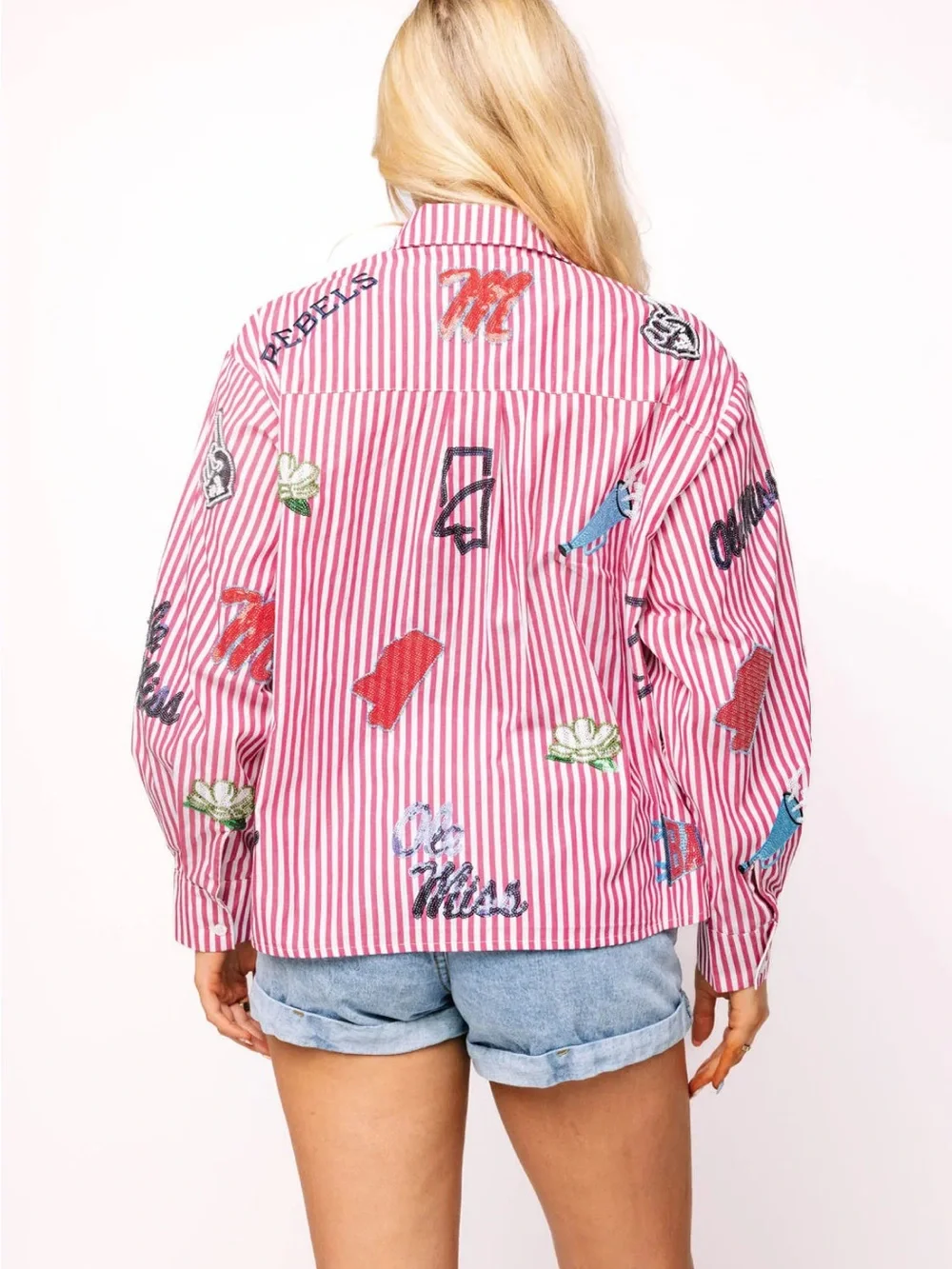 NWT (XS) QUEEN OF SPARKLES Pink & White Striped Embroidered Button-Down